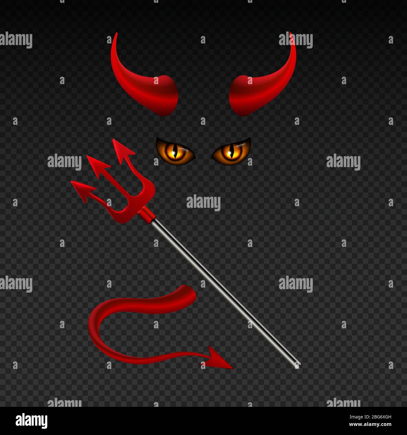 Devil horns, harpoon, satanic yellow eyes and tail isolated vector photobooth props for hell party. Illustration of satan or devil with horn Stock Vector