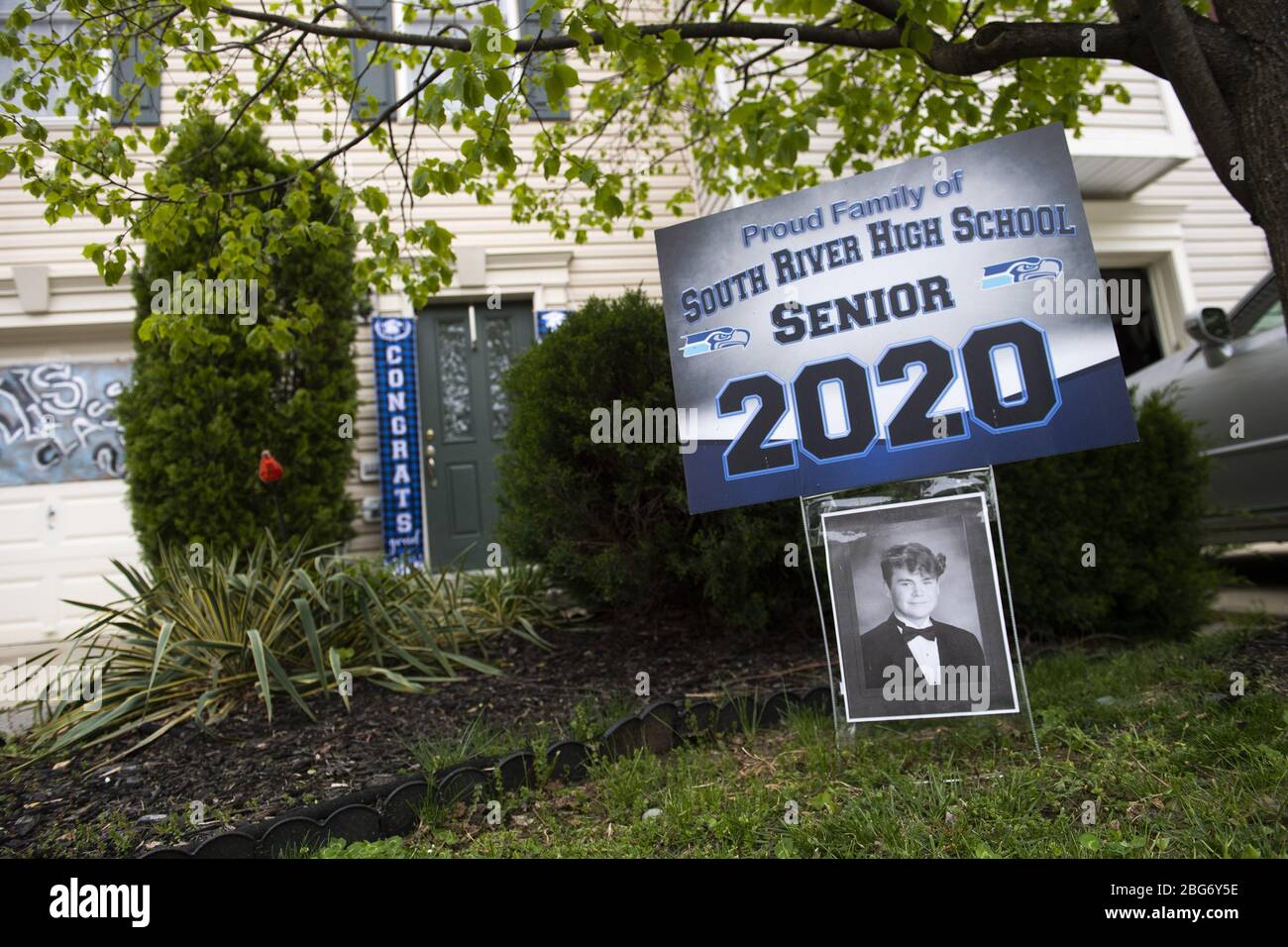 Edgewater, United States. 20th Apr, 2020. Class of 2020 decorations adorn the frontyard of a house in Edgewater, Maryland on Monday, April 20, 2020. Most high school in the region have cancelled graduations and other end of the year events due to the Coronavirus COVID-19 pandemic. Photo by Kevin Dietsch/UPI Credit: UPI/Alamy Live News Stock Photo