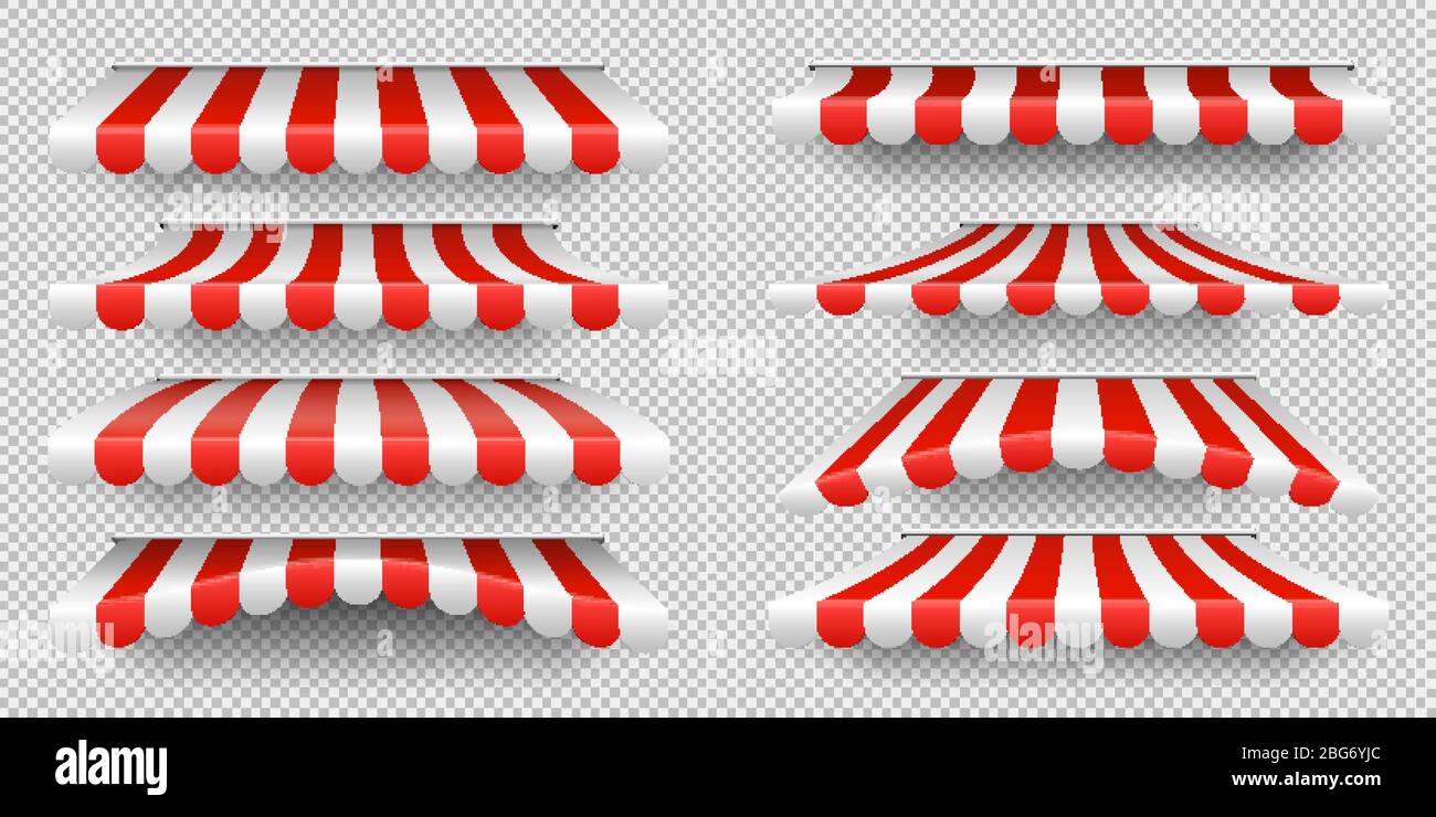 Red and white sunshade. Outdoor awnings for cafe and shop window isolated vector set. Tent sunshade for market, stripe summer scallop for store illust Stock Vector