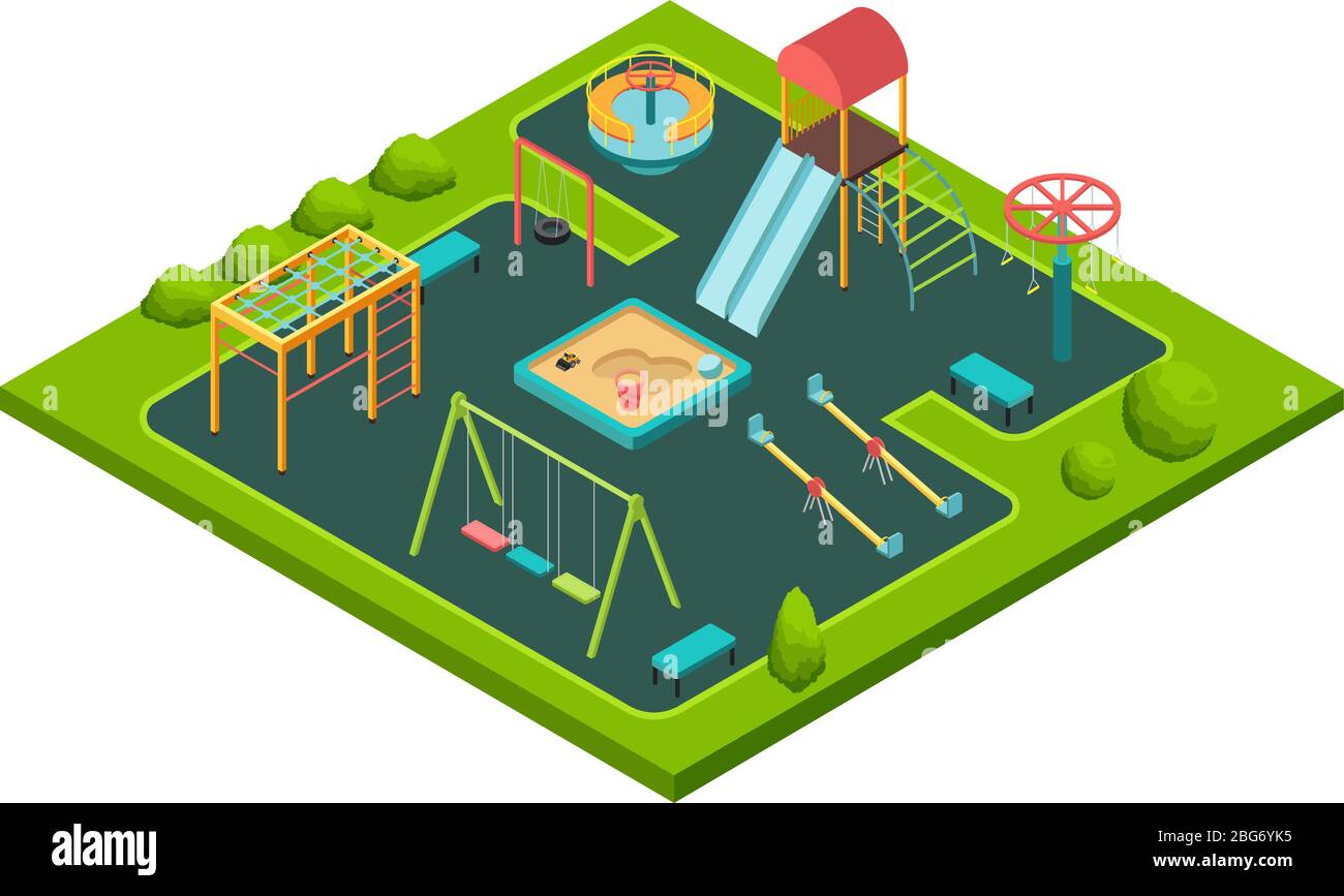 Isometric kids summer playground with childrens swing and sandbox isolated cartoon vector illustration. Slide and swing, sand outdoor, playful kinderg Stock Vector