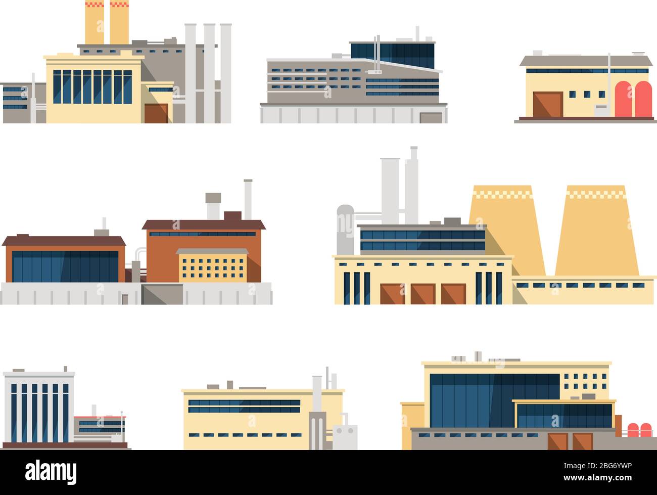 Industrial factory and manufacturing plant exterior flat vector icons ...