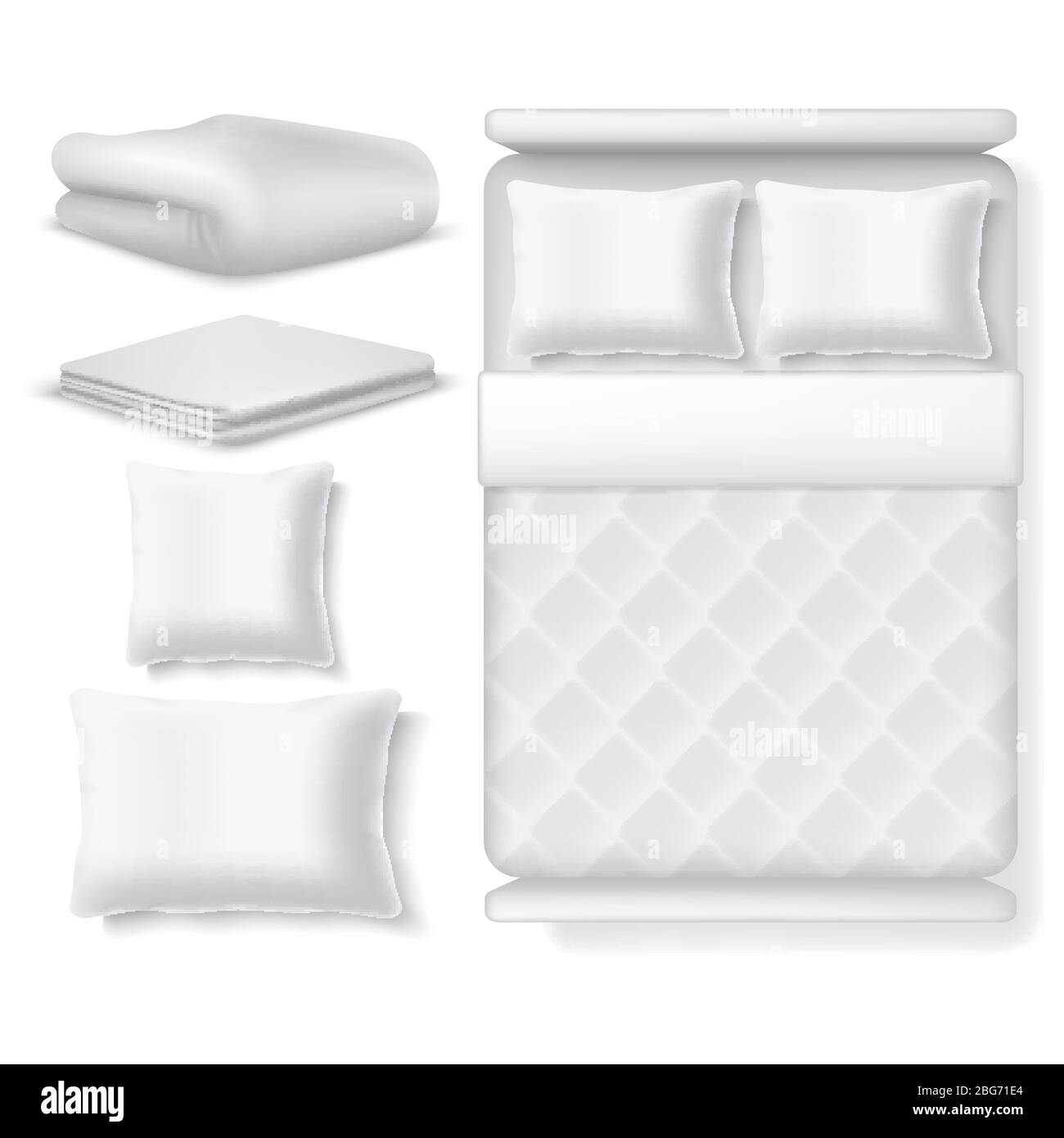 Blank white realistic bedding top view. Bed with blanket, pillow, linen and folded towel. Vector illustration isolated. Bedroom with pillow and comfor Stock Vector