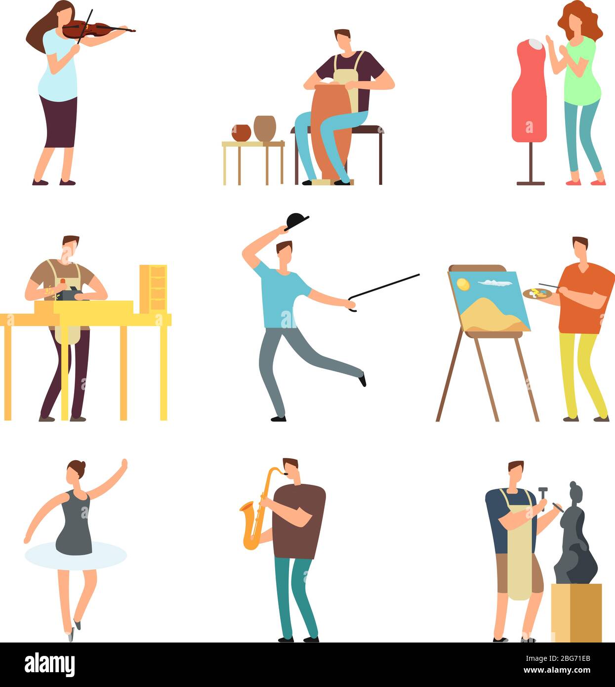 Happy people of art and music. Cartoon artists and musicians vector isolated characters in creative artistic hobbies. Art character musician and fashi Stock Vector