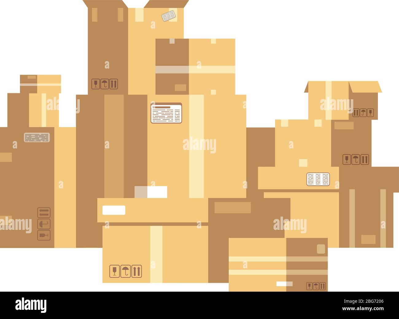 Pile of sealed goods cardboard boxes. Mail box stack isolated. Delivery and cargo vector concept. Illustration of package and cardboard pack, packagin Stock Vector