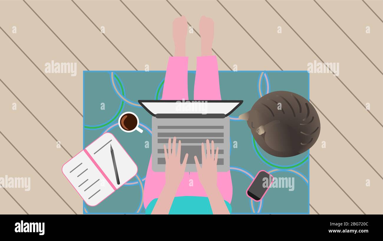 a woman in pink pants sits on a blue rug and works at a laptop, a brown striped cat sleeps nearby, a pink mobile phone lies, an open notebook with a p Stock Vector