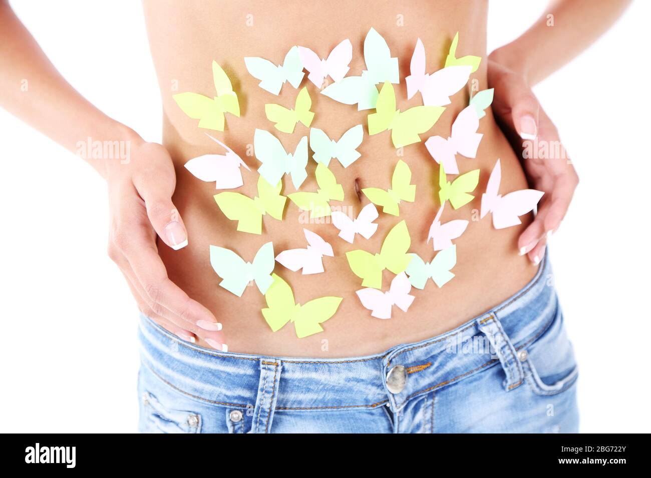 Butterfly on stomach isolated on white Stock Photo Alamy
