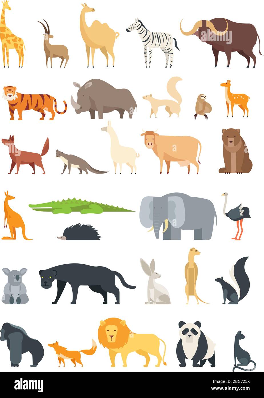 Flat african, jungle and forest animals. Cute mammals and reptiles. Wild fauna vector set isolated. Elephant and lion, giraffe and fox, zebra and bear Stock Vector