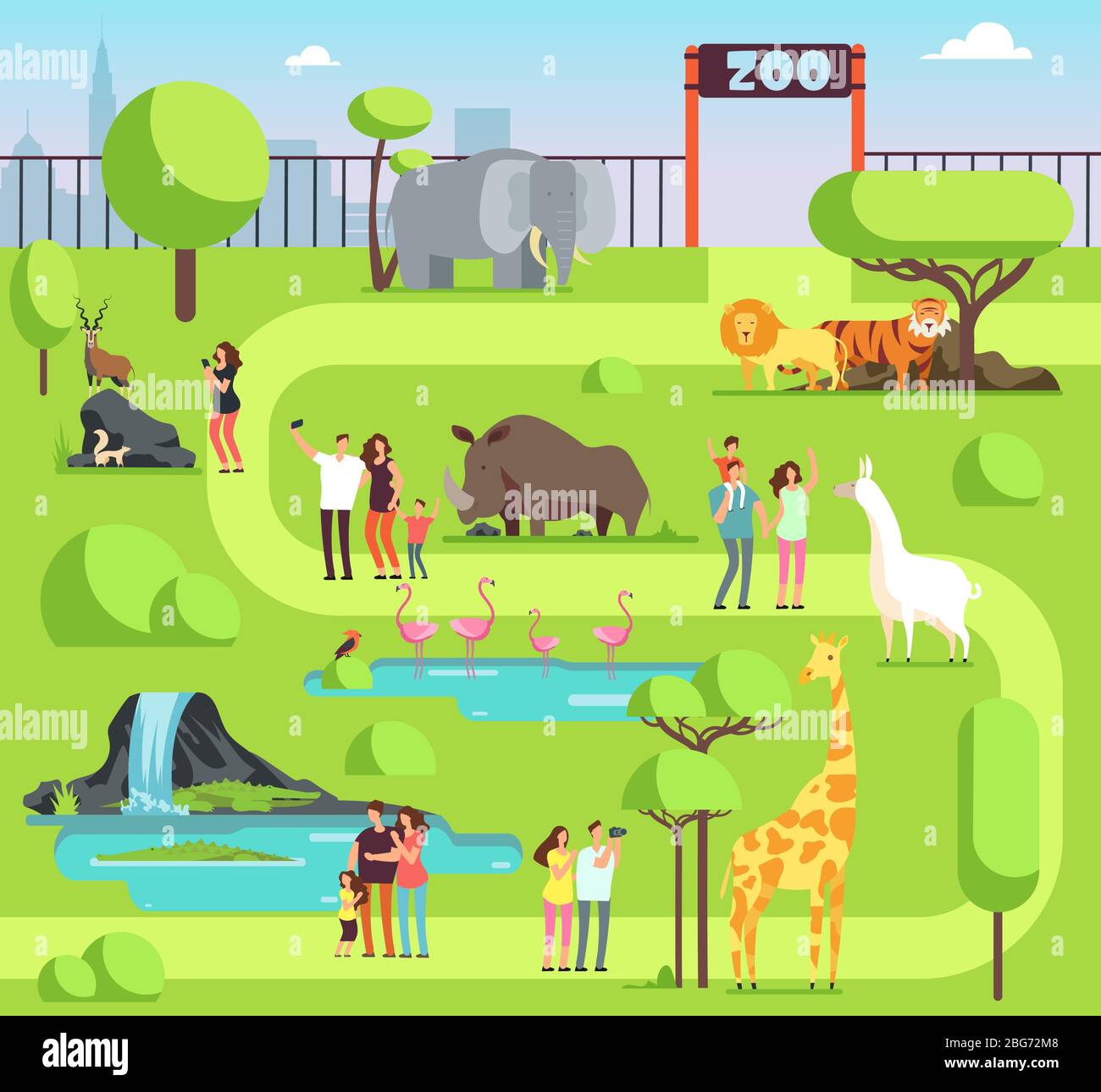 Cartoon zoo with visitors and safari animals. Happy families with kids in  zoological park vector illustration. Family with kids in zoo, giraffe and  el Stock Vector Image & Art - Alamy