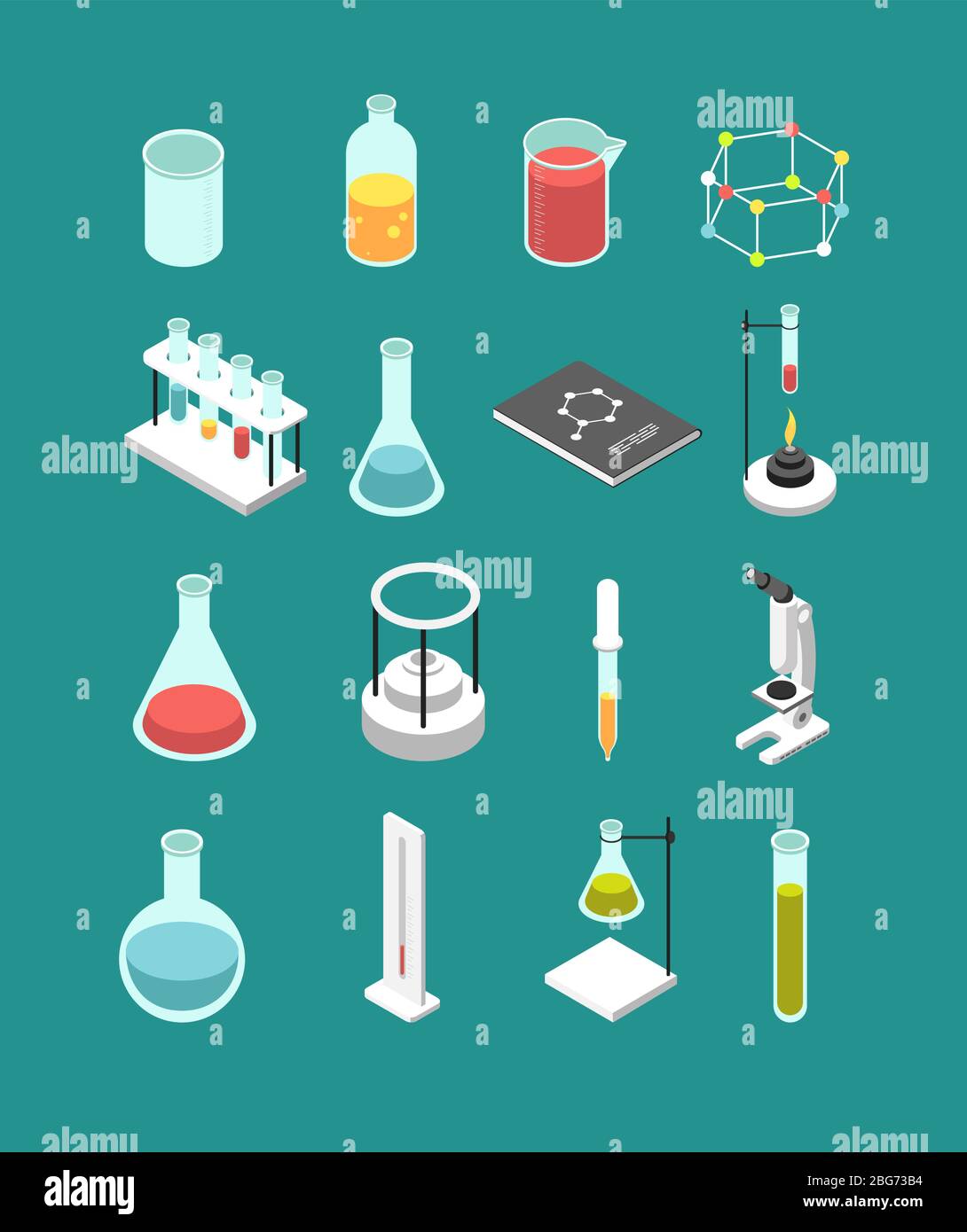 Isometric 3d chemical laboratory equipment. Chemistry attributes vector icons isolated. Chemistry research, equipment chemical and medicine illustrati Stock Vector
