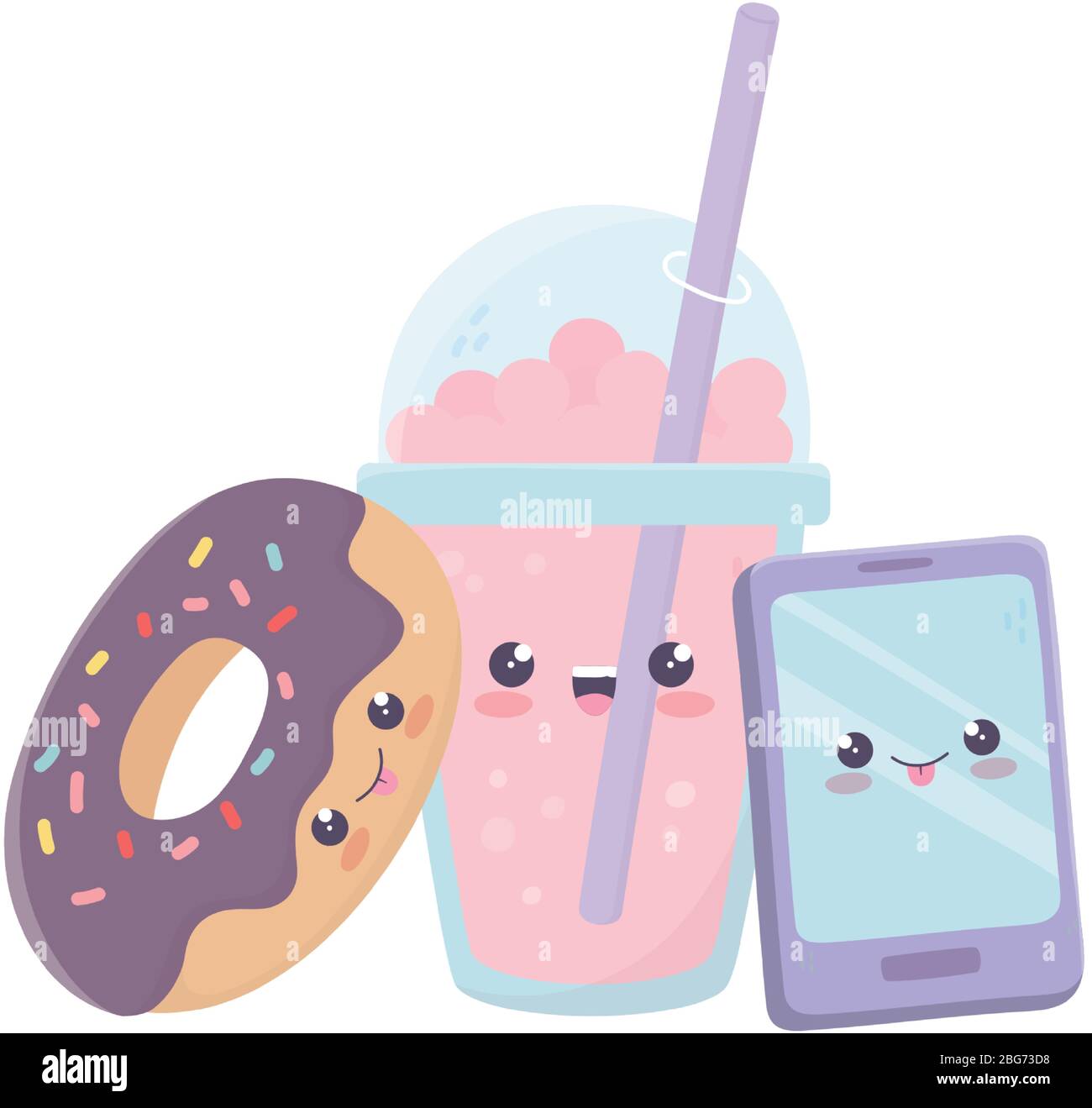 cute smartphone donut and milkshake kawaii cartoon character vector illustration Stock Vector
