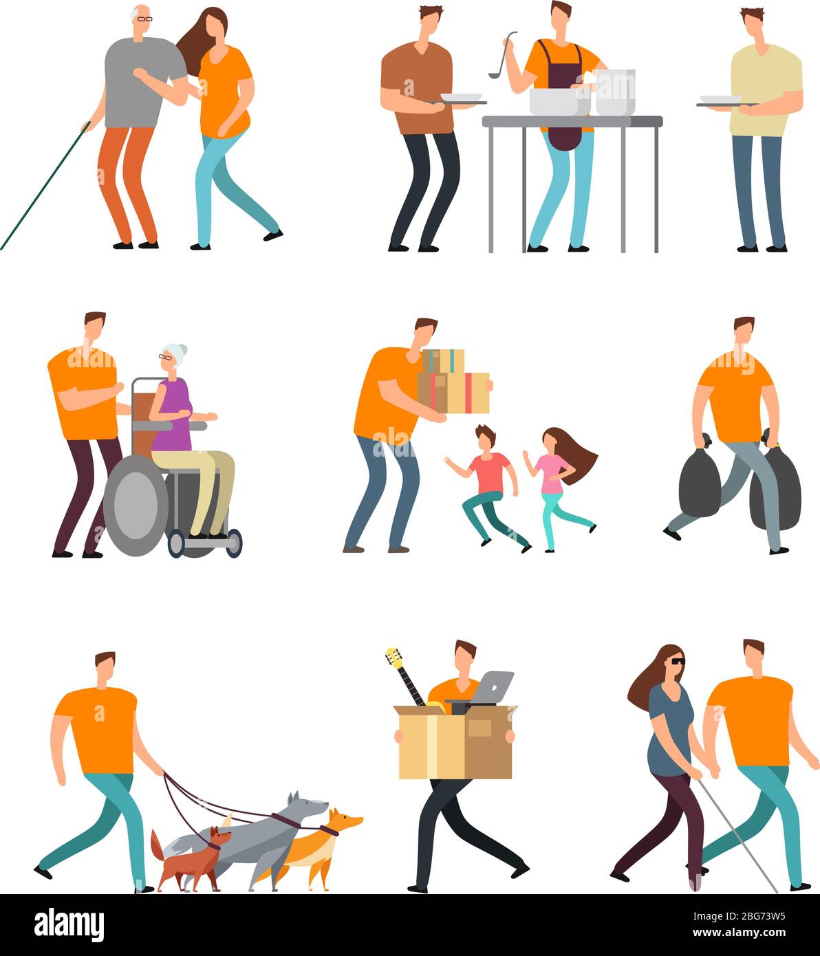 Young volunteers help to disabled and old people. Volunteer walking with dog, babysitting and assistance. Vector characters set. Illustration of care Stock Vector