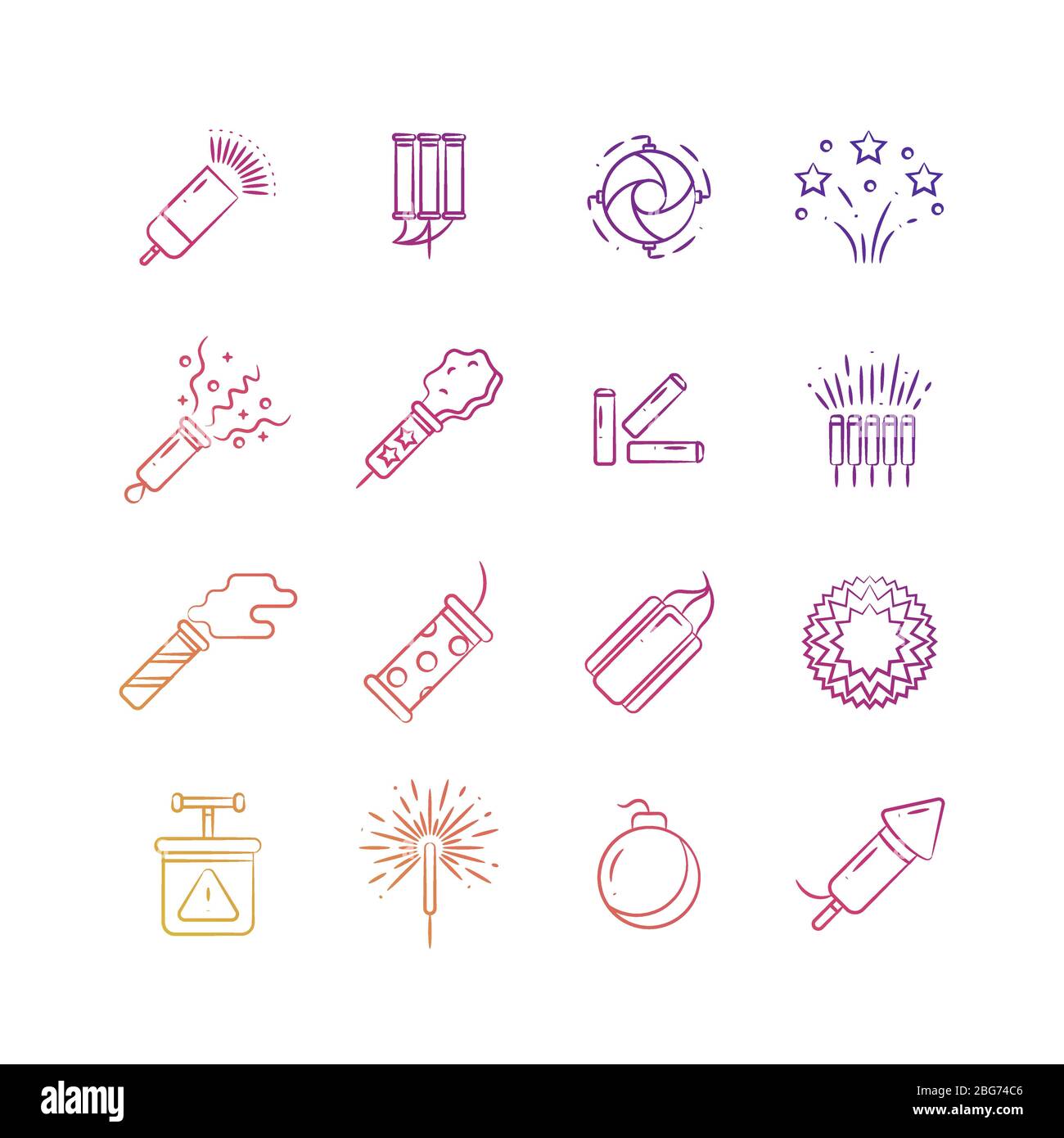 Bright holiday pyrotechnic line vector icons. Festival fireworks elements design. Firework for festival event, firecracker explosion, celebrate party Stock Vector