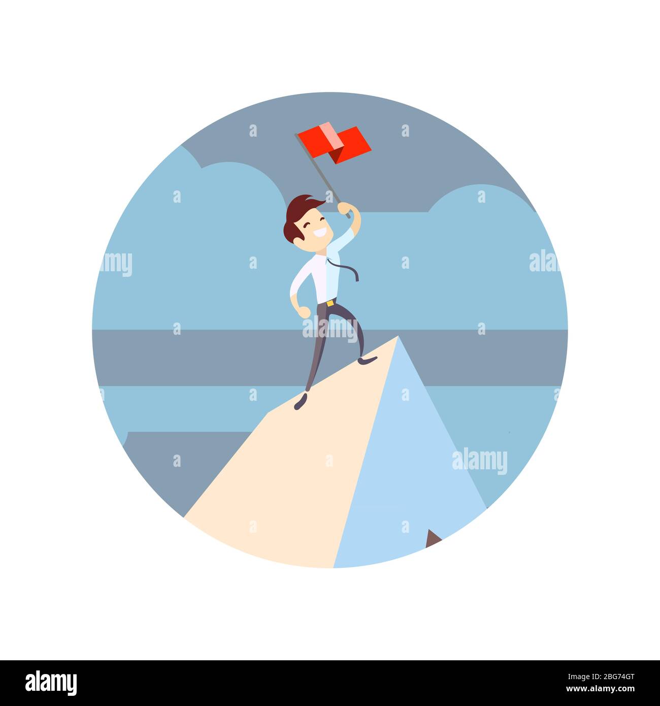 Businessman holding flag on mountain peak. Success business concept ...