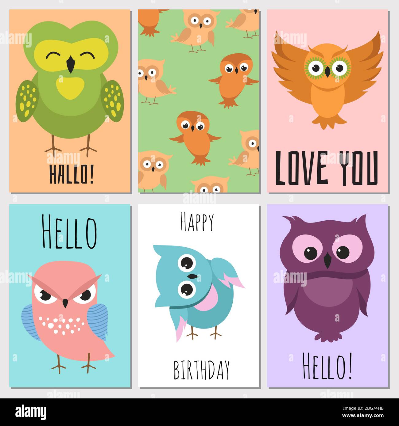 Kids cards with cute cartoon owl. Vector owl character on card birthday ...