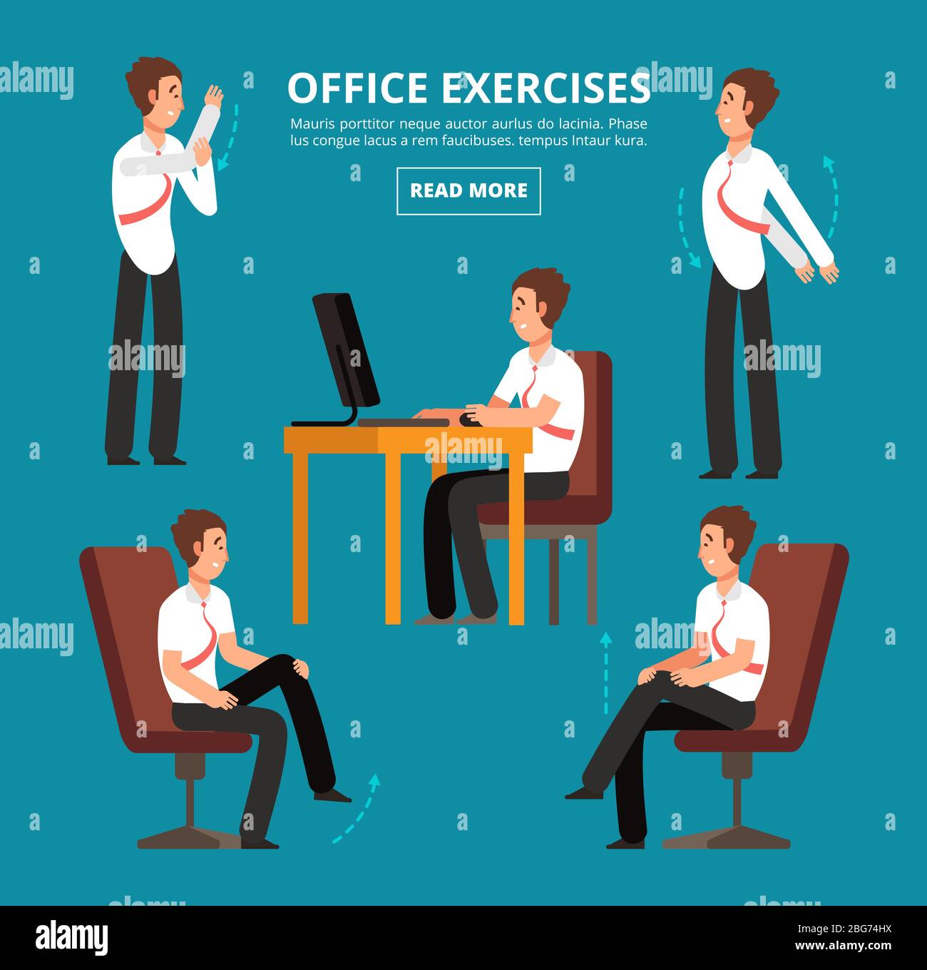 Office exercises at desk. Diagram for health employees vector illustration.  Office health exercise workout, posture body relax Stock Vector Image & Art  - Alamy