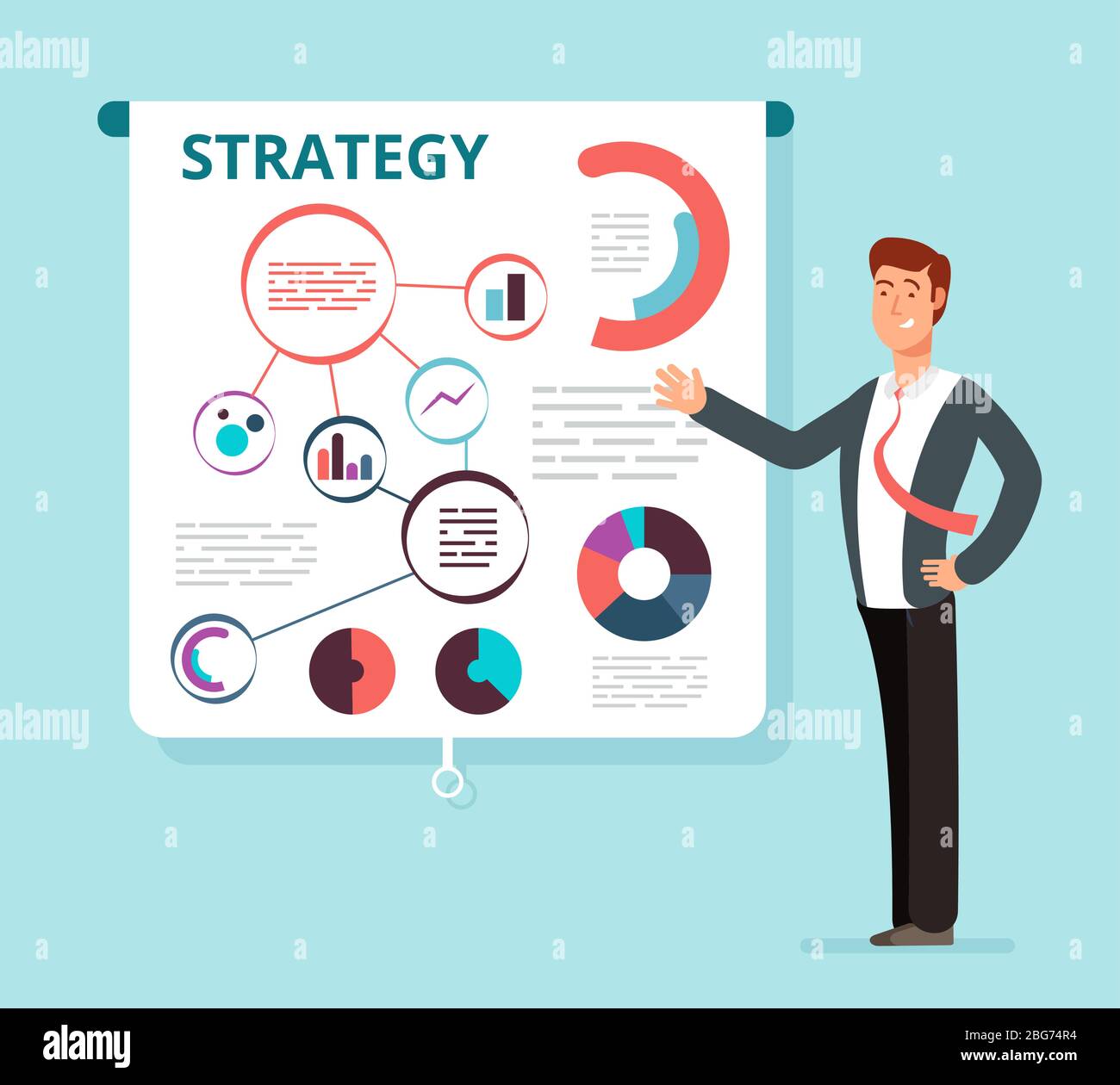 Speaker businessman shows successful finance strategy plan on projector screen. Business meeting, presentation, seminar vector concept. Illustration o Stock Vector