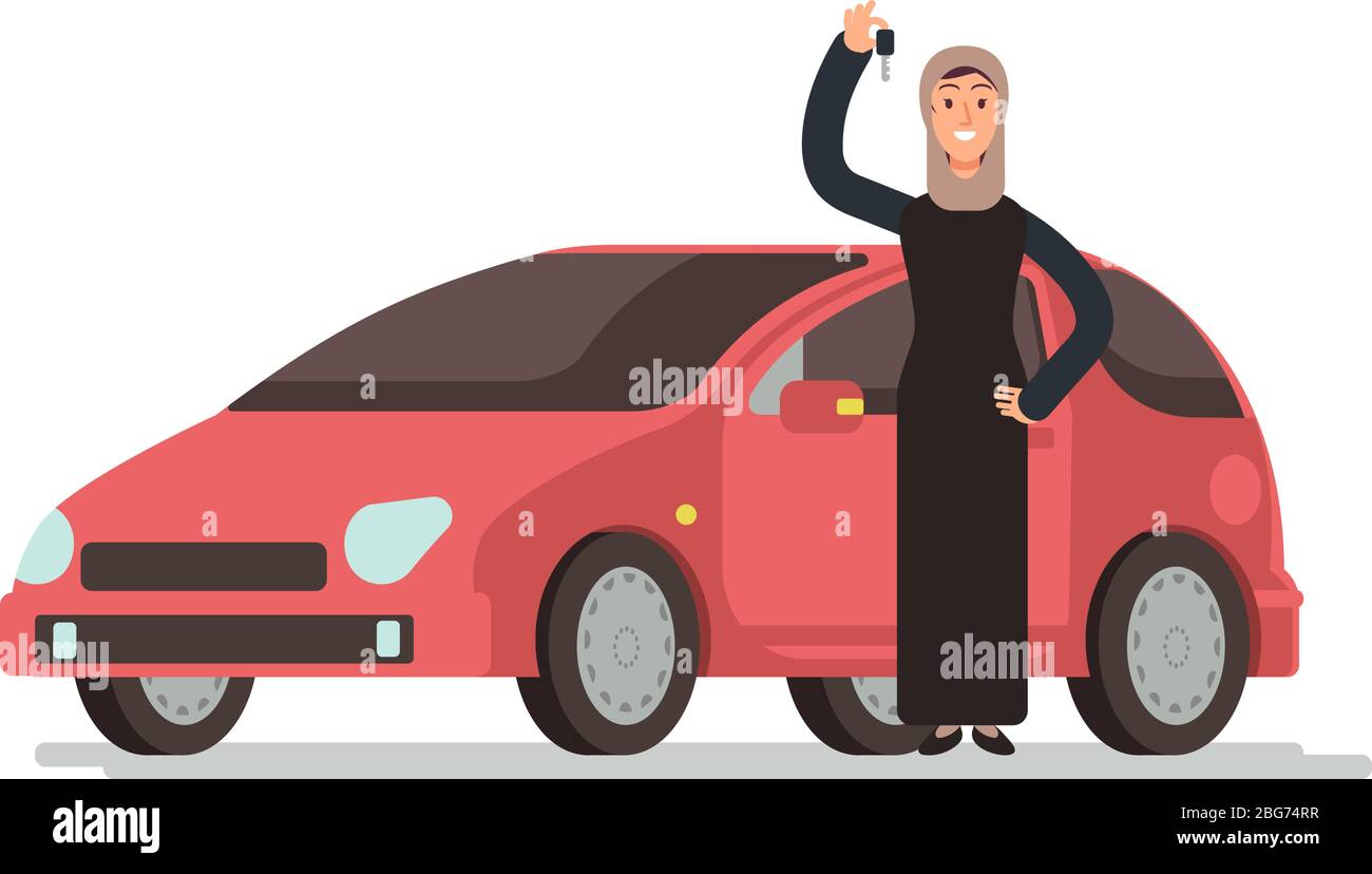 Happy arab muslim saudi woman getting driving license and personal car. Cartoon vector illustration. Arabian girl driver and red car Stock Vector