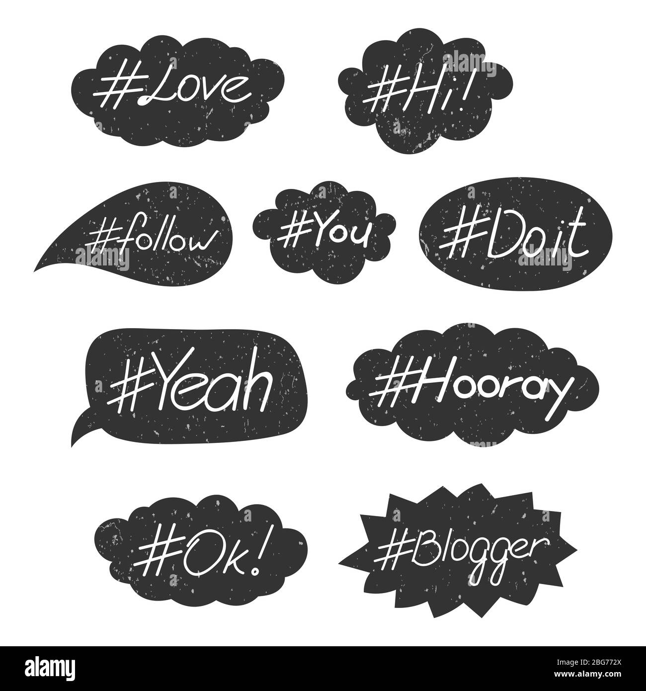Grunge hand written hashtag words in speech bubble icons isolated on white background. Vector illustration Stock Vector