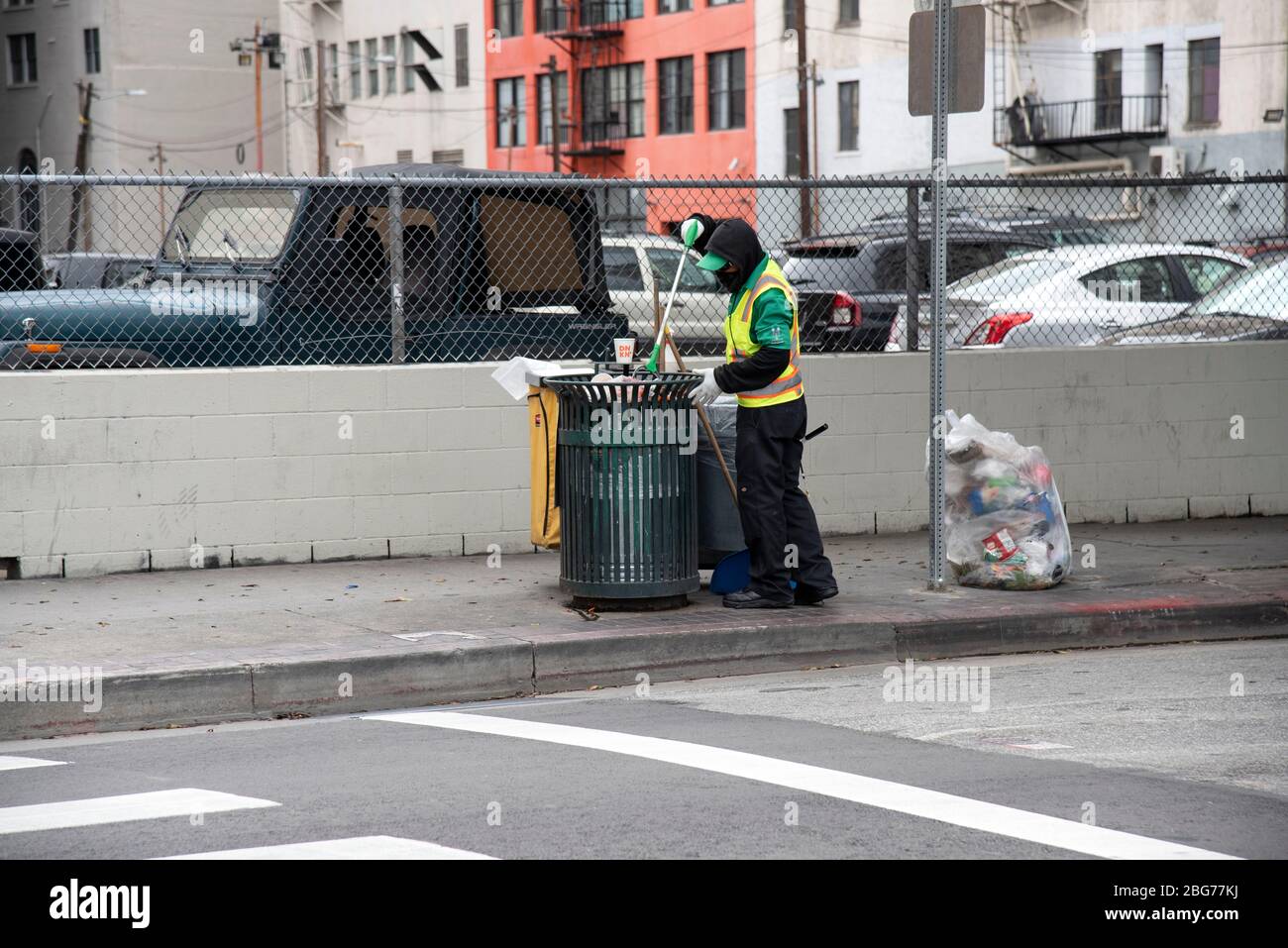 Los Angeles, CA/USA April 9, 2020 Sanitation workers in downtown Los