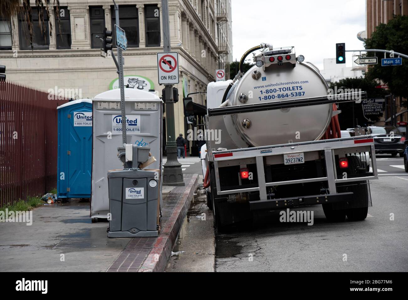 Los Angeles, CA/USA April 9, 2020 Portable toilets and hand washing