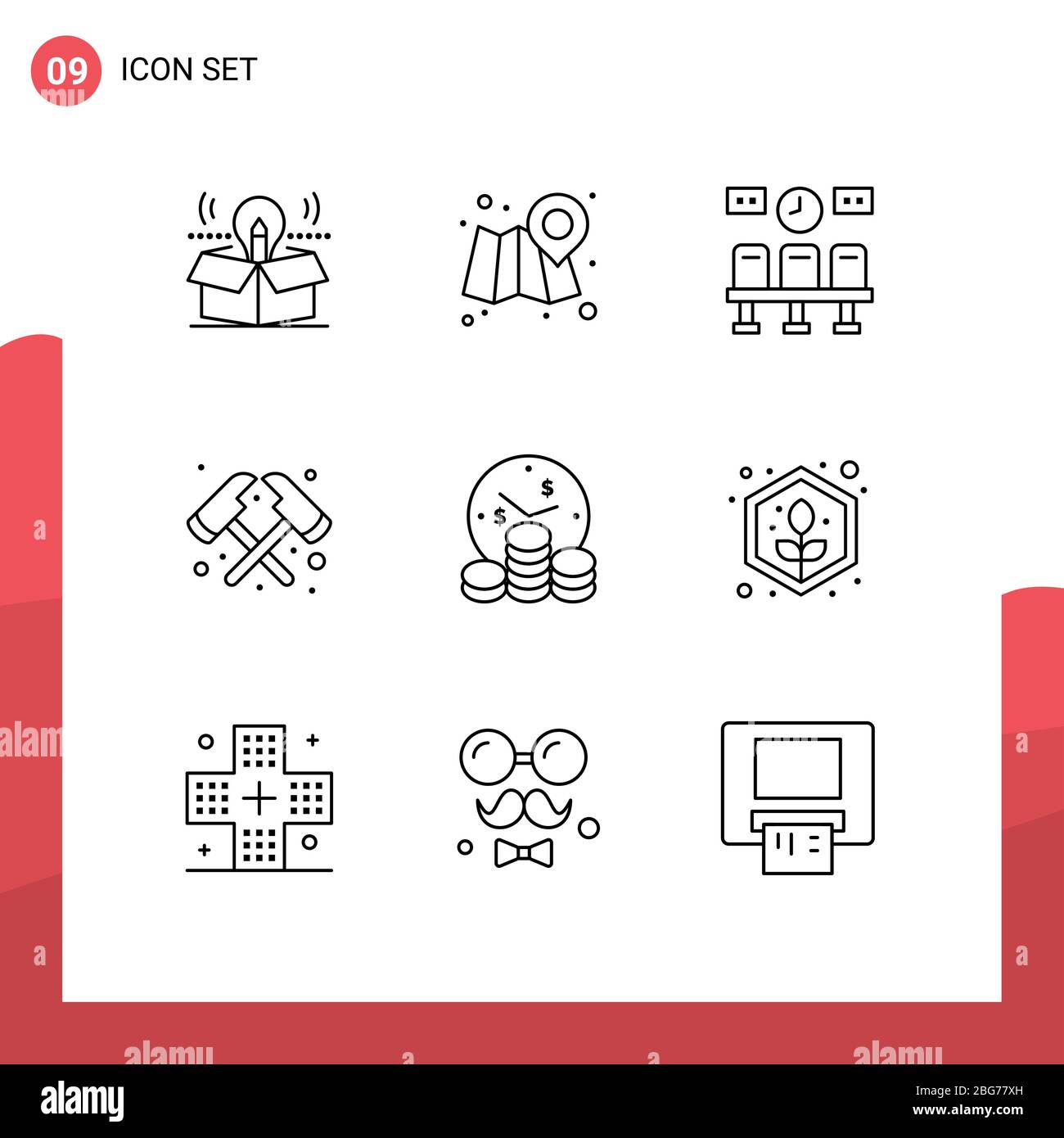 Group of 9 Modern Outlines Set for money, business, seats, firefighter, axe Editable Vector Design Elements Stock Vector