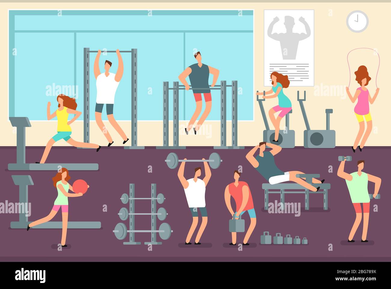 Woman and man doing various sports exercises in gym. Fitness indoor workout vector concept. Gym and fitness sport training woman man workout or exerc Stock Vector Image Art Alamy
