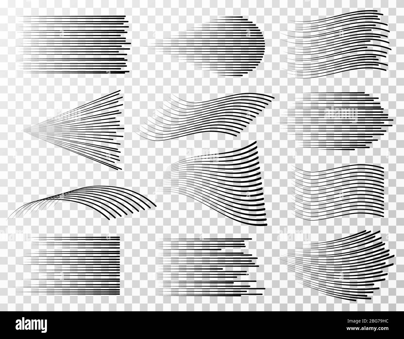 Speed line collection. Black fast sharp streeps for cartoon and manga vector set isolated. Linear power explode and wind effect illustration Stock Vector