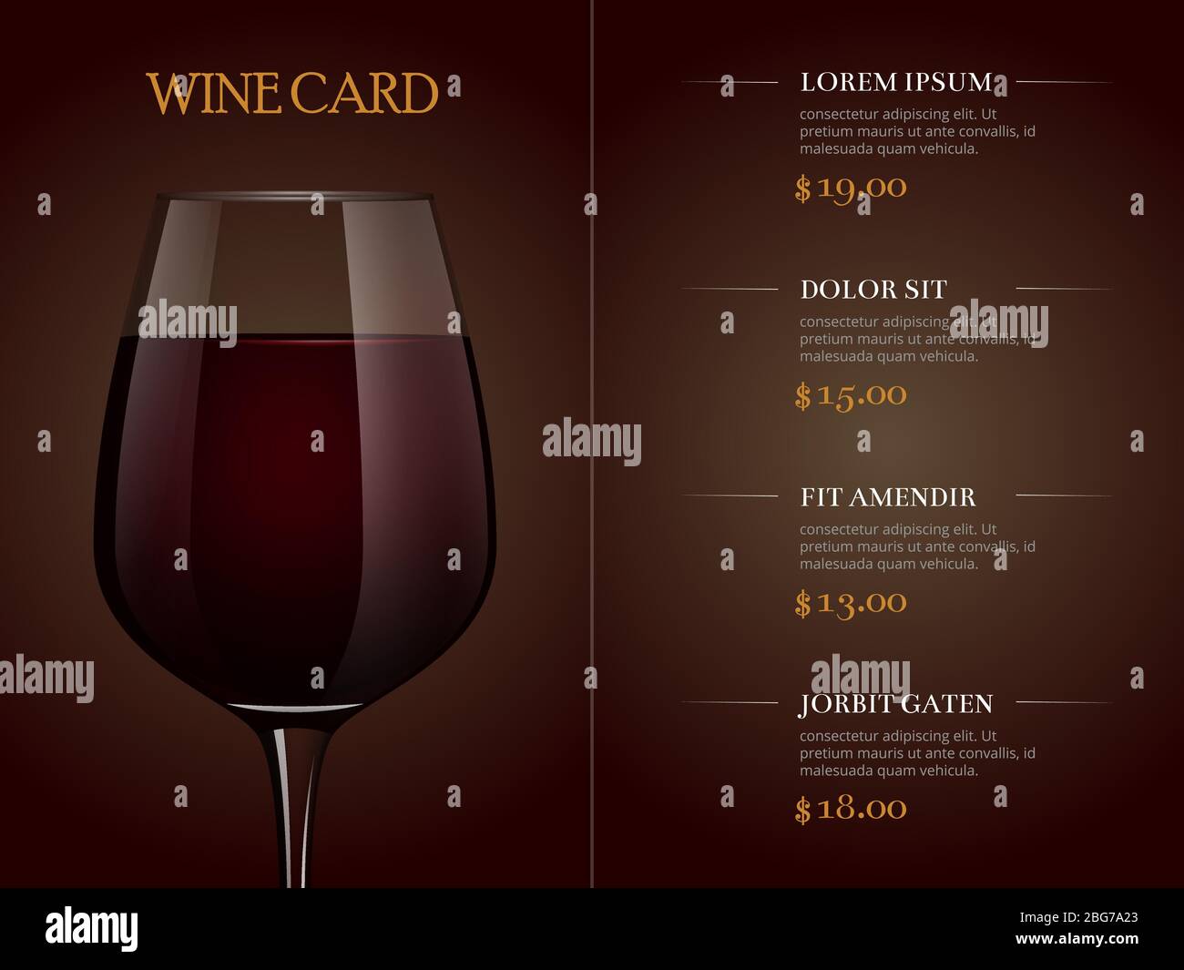 Wine card menu template with realistic glass of red wine. Restaurant