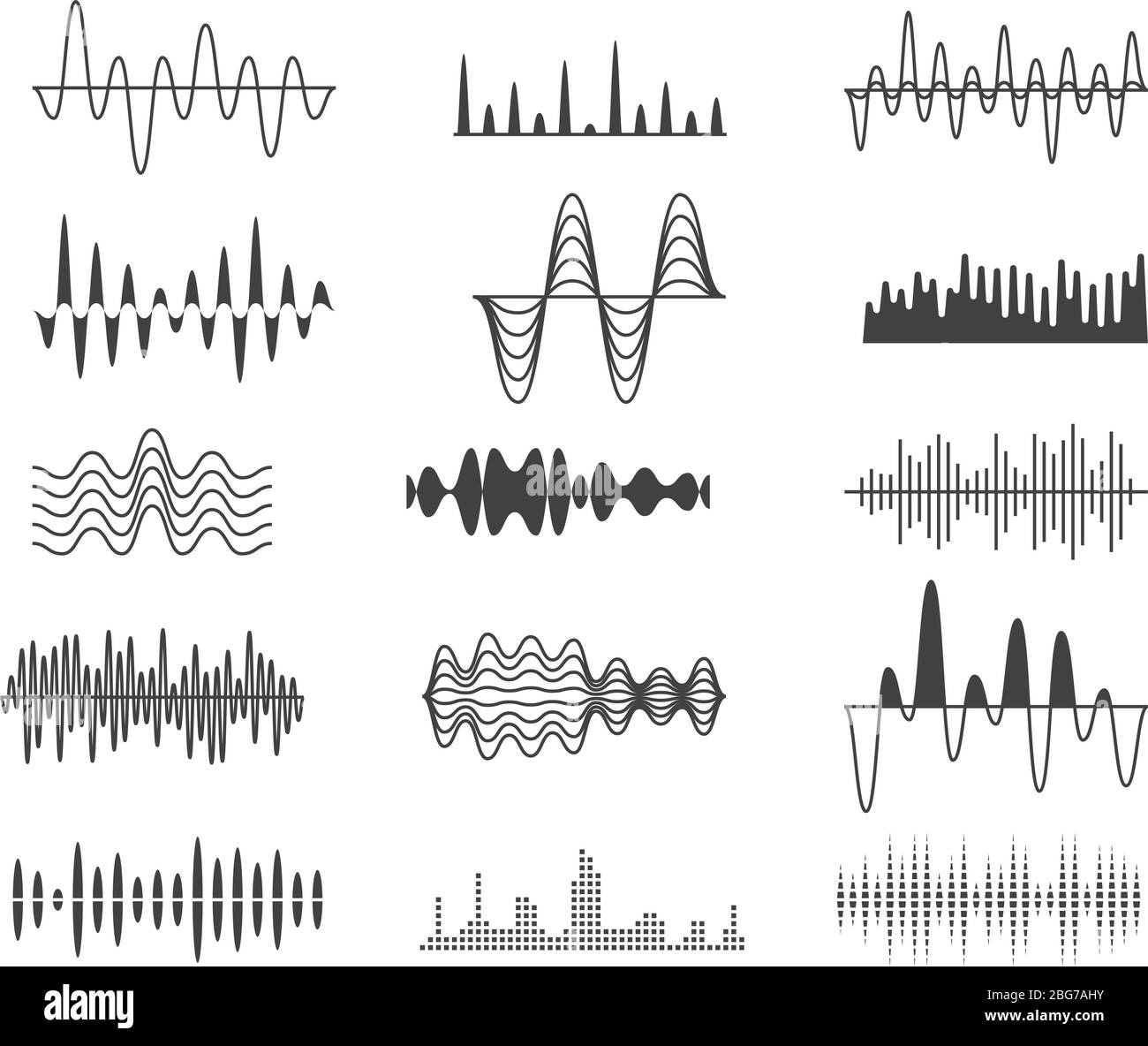 Sound amplitude waves. Radio signal symbols. Audio music equalizer, voice wave vector set isolated. Voice digital electronic equalizer, frequency soun Stock Vector