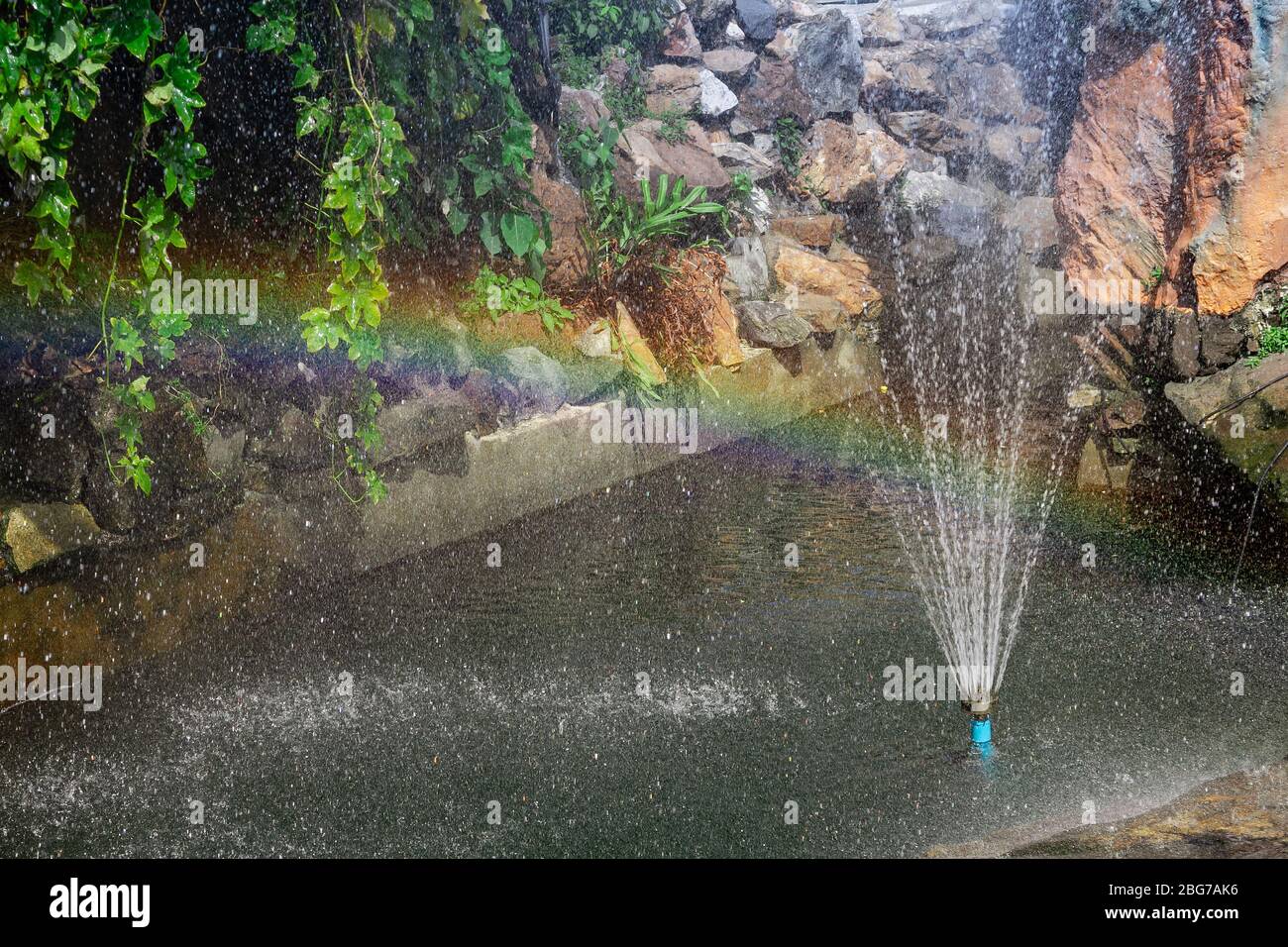 Rainbow from the fountain in a decorative small pond, a