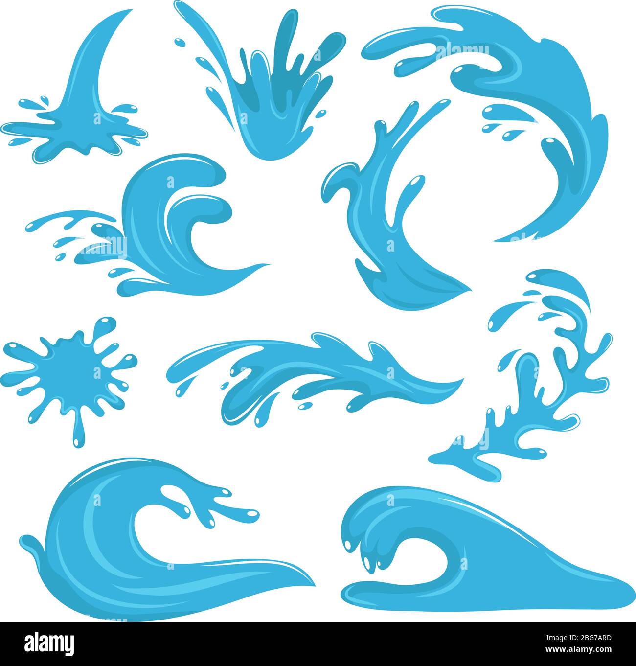 Water drops and blue splashes isolated on white vector set. Illustration of water splash collection Stock Vector