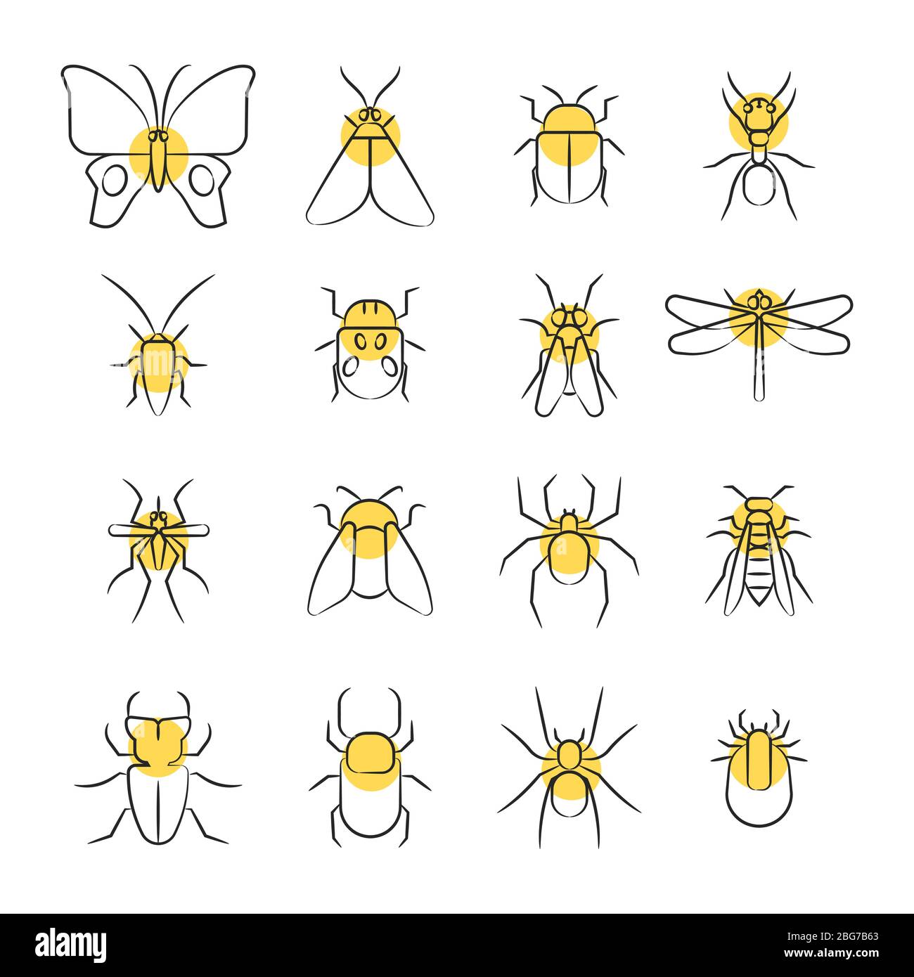 Sketch linear insect icons with yellow details isolated on white ...