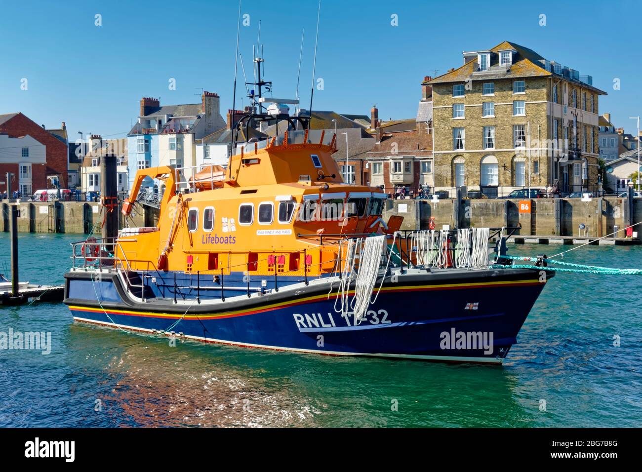 Weymouth, Dorset / UK - October 10 2018: Weymouth's Severn class RNLI Lifeboat 'Ernest and Mabel' No 17-32 moored in Weymouth Harbour Stock Photo