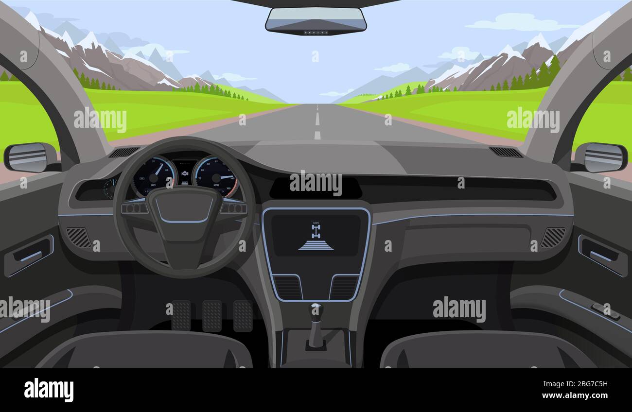 Vehicle salon, inside car driver view with rudder, dashboard and road, landscape in windshield. Driving simulator vector illustration. Car view steeri Stock Vector