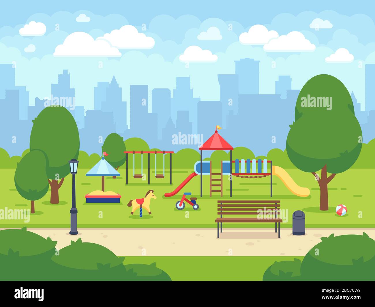 Urban summer public garden with kids playground. Cartoon vector city park  with cityscape. Green park cartoon, landscape summer park illustration  Stock Vector Image & Art - Alamy