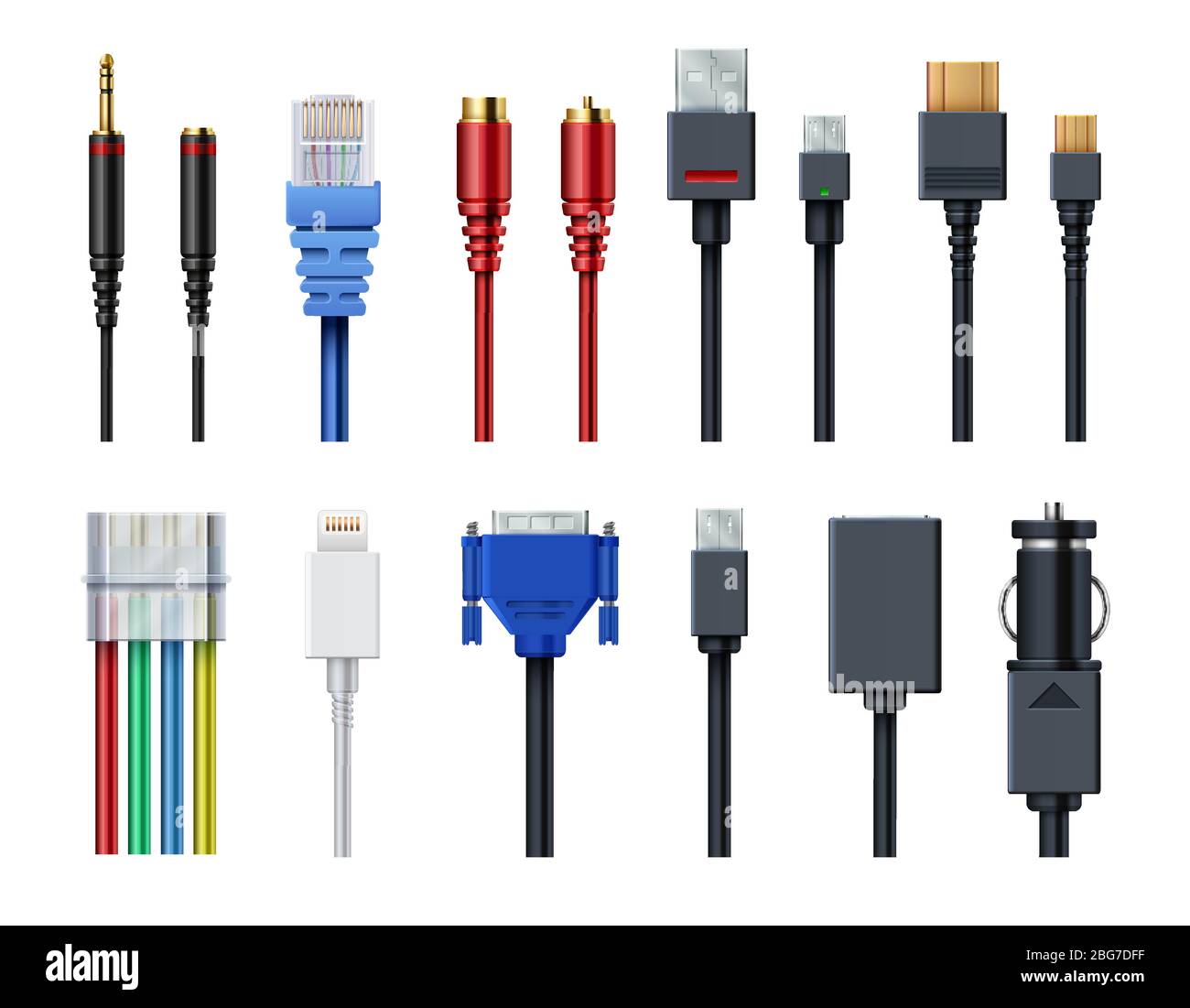 Cable wire computer video, audio, usb, hdmi, network and electric conectors and plugs vector set isolated. Socket and wire, connector usb and audio. V Stock Vector