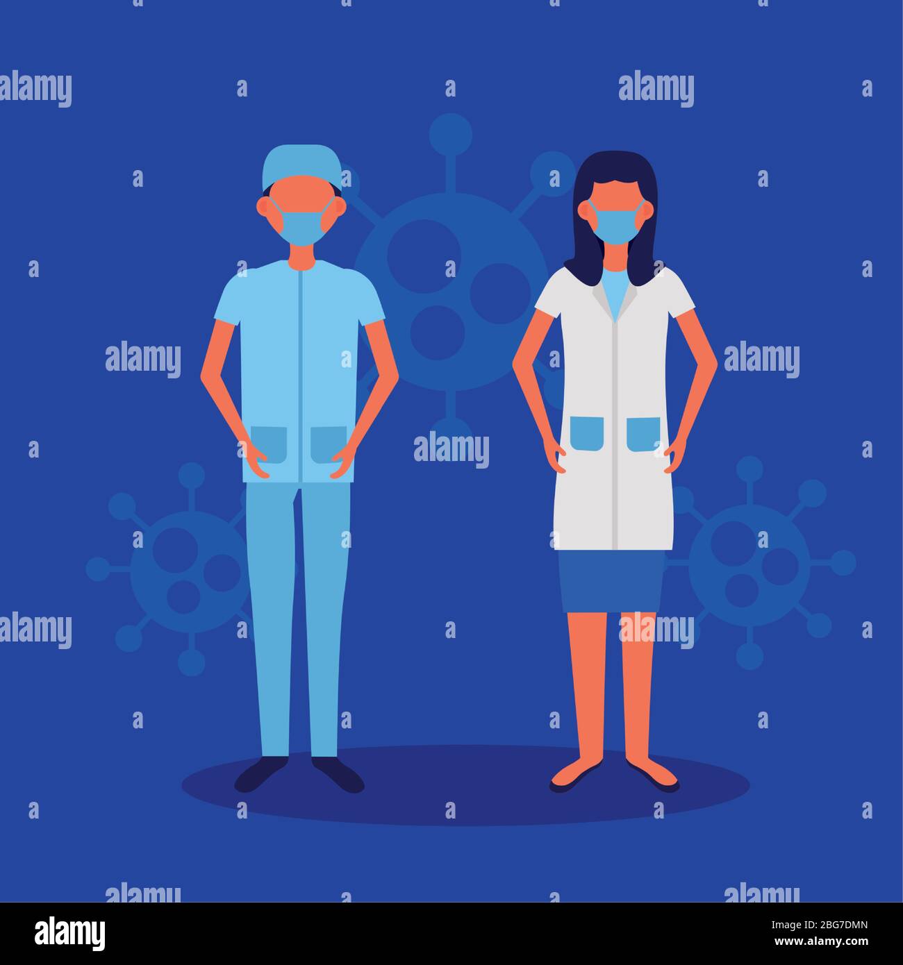 doctors couple using face masks with covid19 particles Stock Vector