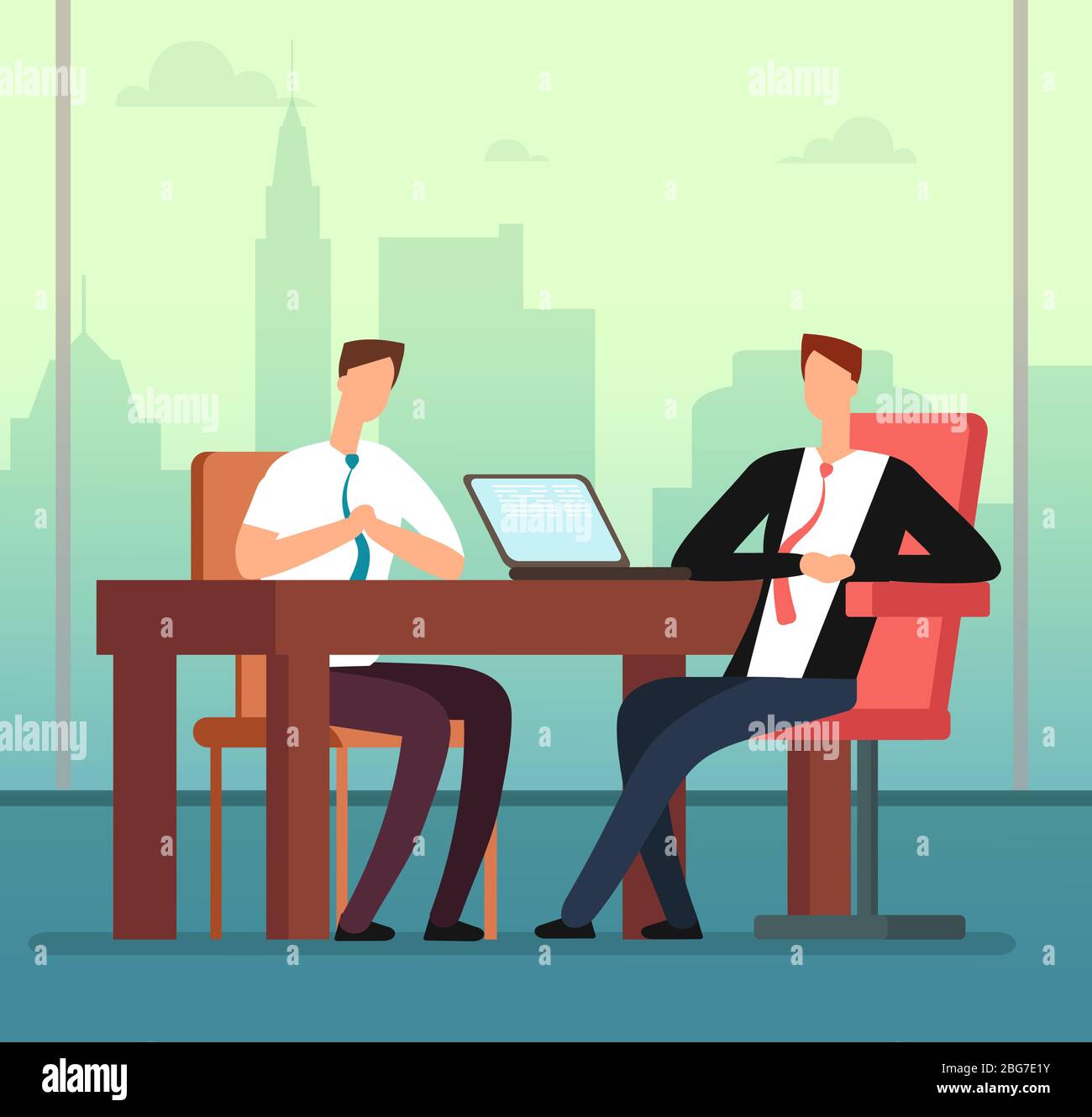 Employee man and interviewer boss meeting in office. Job interview and recruitment vector cartoon concept. Meeting employee, interview and recruitment Stock Vector