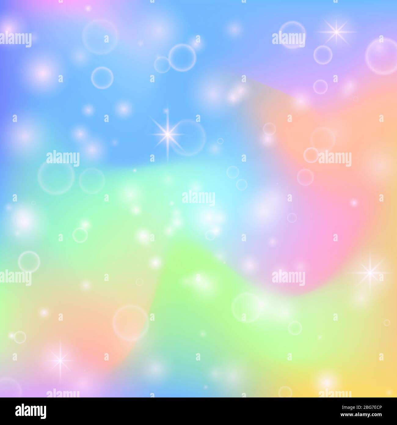 Fairy princess rainbow cute background with magic stars and pearlescent texture. Multicolor fantasy abstract vector holographic screen in fairytale fa Stock Vector