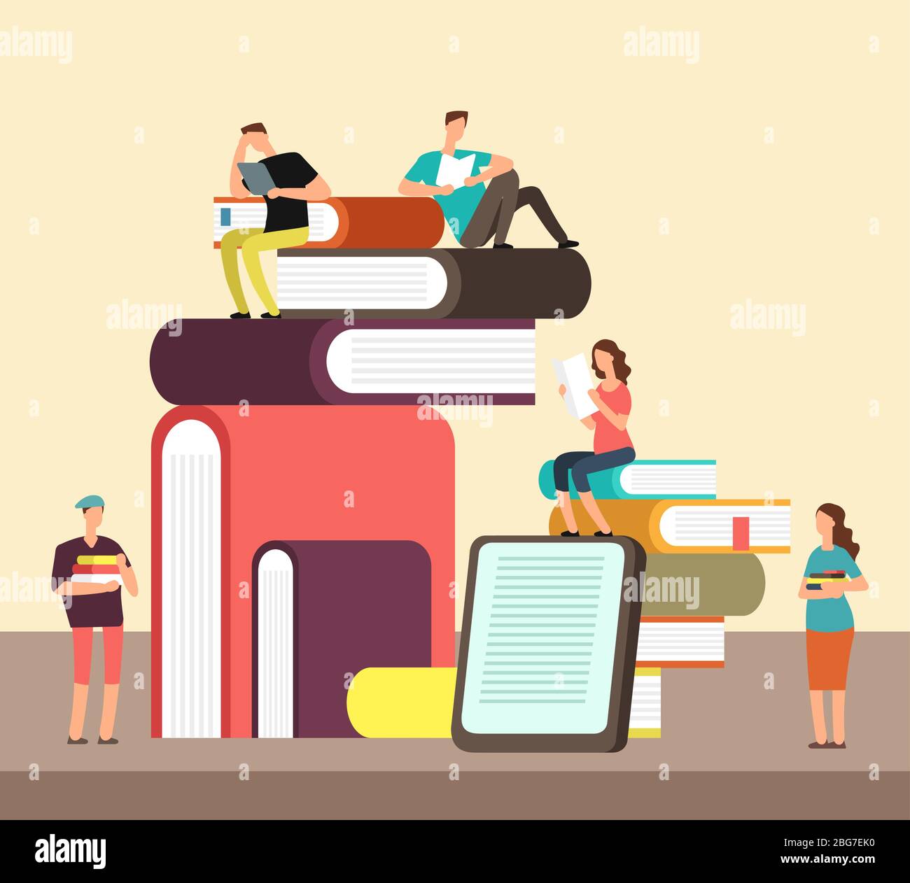 Man and woman reading books. People and book creative idea cartoon flat concept. Book festival vector poster. Man and woman read book, people study il Stock Vector