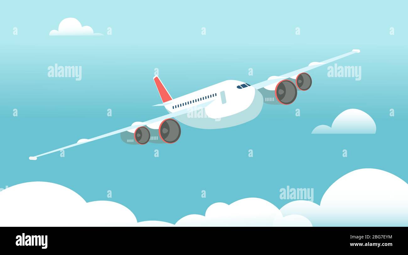 Airplane in flight with white clouds and blue sky background. Vector ...