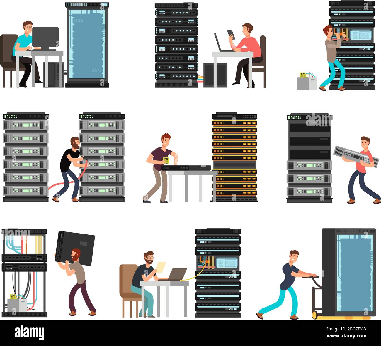 Man engineer, technician working in server room. Digital computer center support, data storage. Vector cartoon characters set. Illustration storage sy Stock Vector