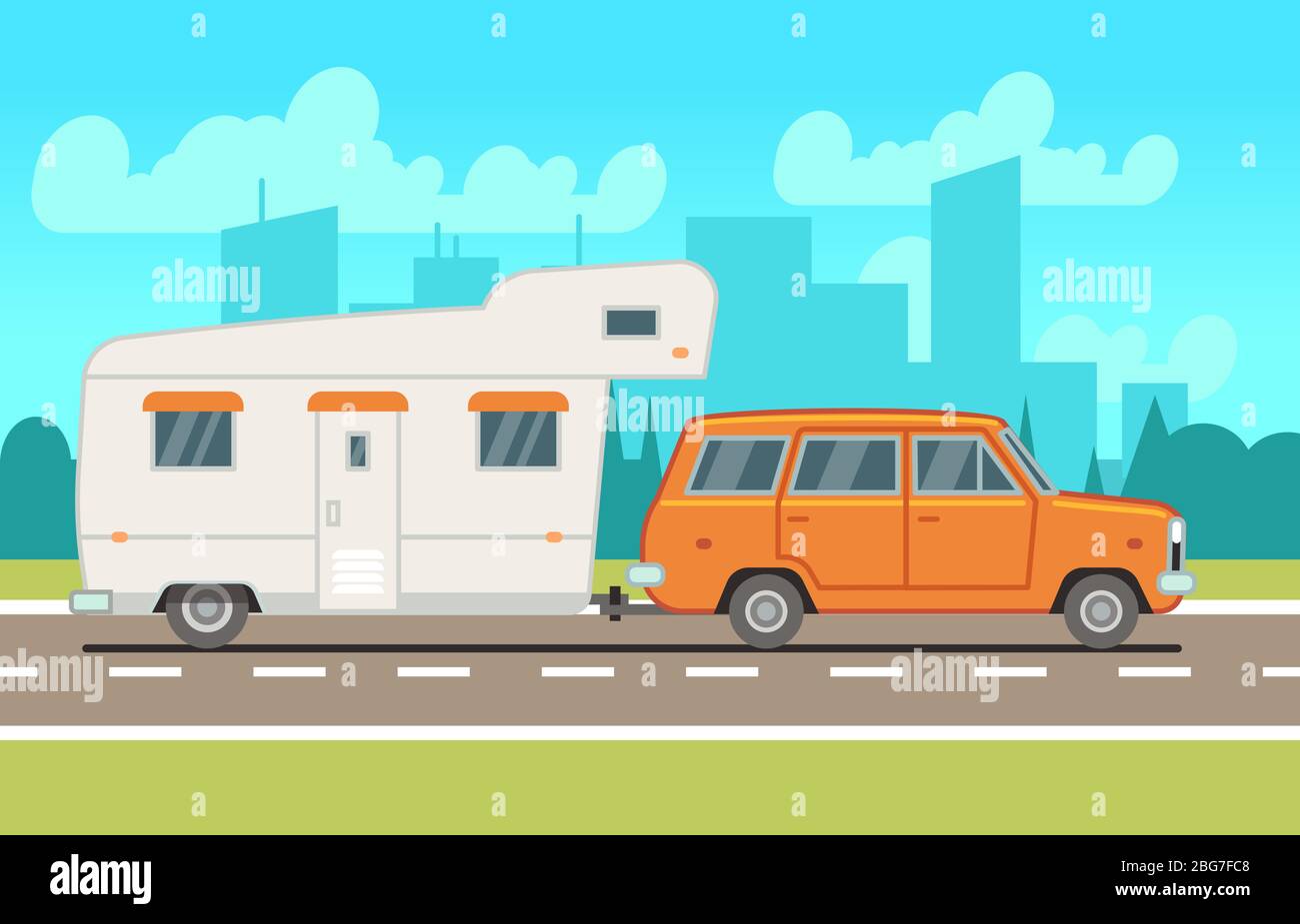 Family rv camping trailer on road. Country traveling and outdoor vacation vector concept. Transport for journey, motorhome truck for travel illustrati Stock Vector