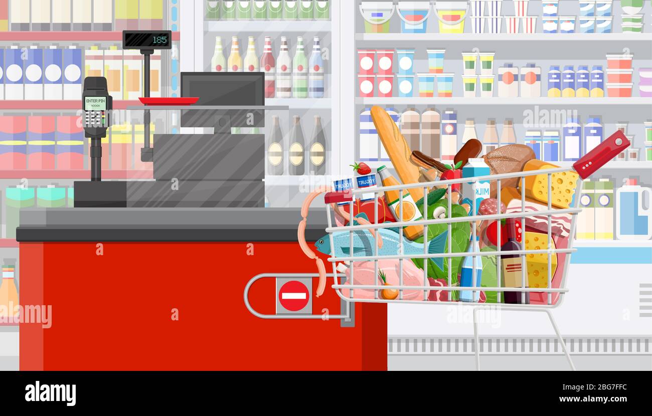 Supermarket store interior with goods. Big shopping mall. Interior