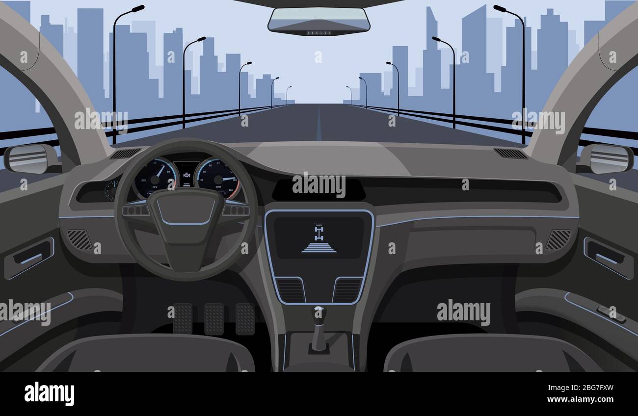 Inside car driver view with rudder, dashboard front panel and highway in windshield cartoon highway vector illustration. Interior of automobile, drive Stock Vector