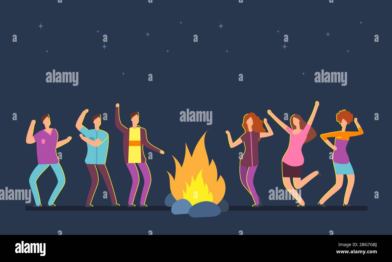 Happy people group dancing at campfire. Music festival camping vector cartoon concept. Dance people around fire, night flame illustration Stock Vector