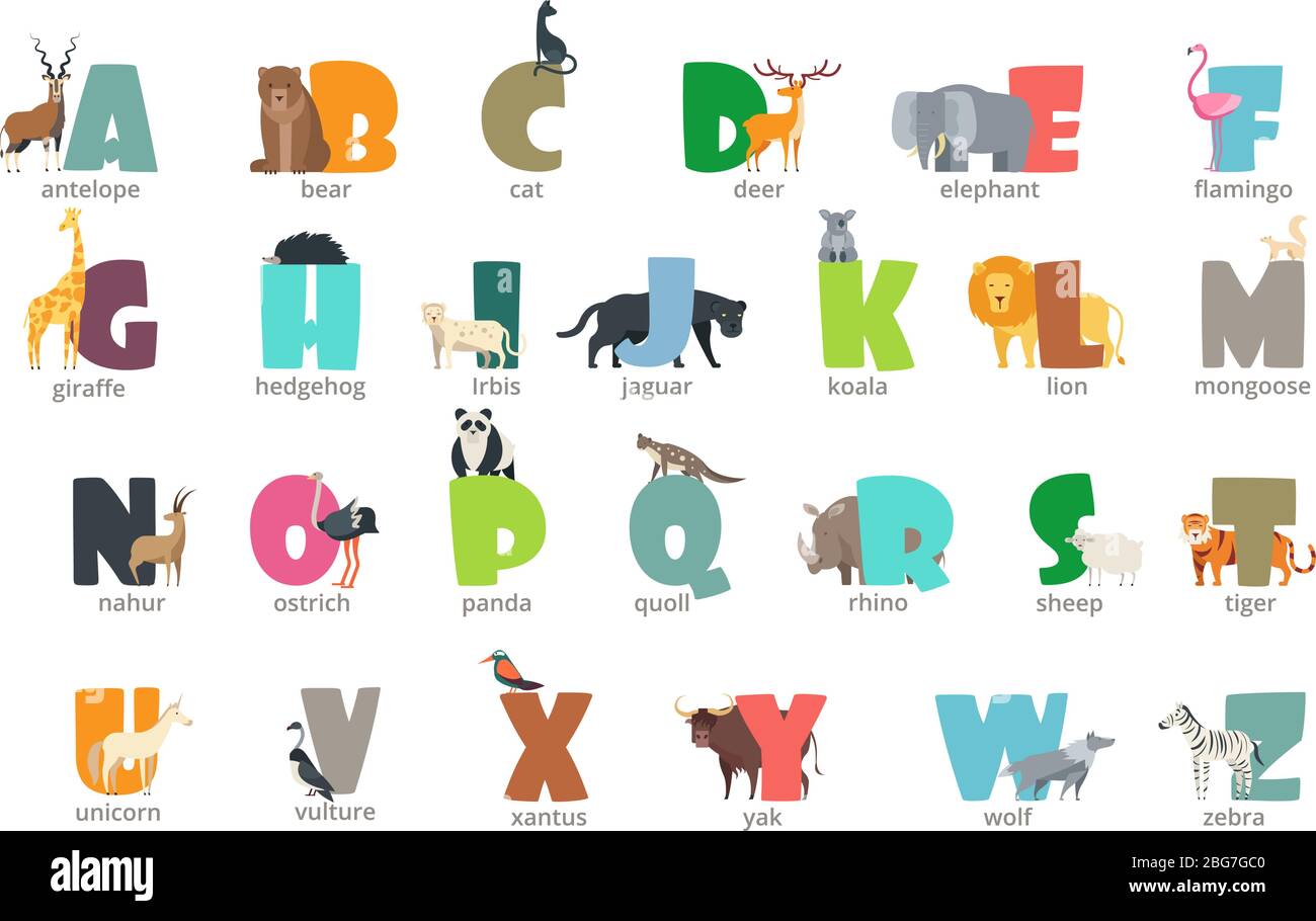 Cartoon wild animals kids alphabet for children studying english. Education vector background. Abc letter wildlife, giraffe and hedgehog, flamingo and Stock Vector