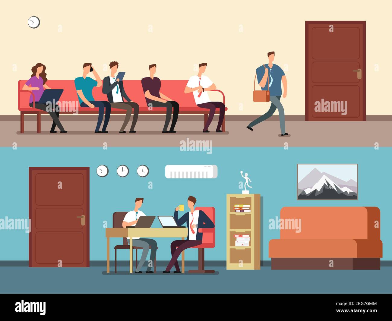 Business people, employees sitting on chairs in row, waiting interview. Contender and interviewer at desk. Recruitment vector concept. Recruitment emp Stock Vector
