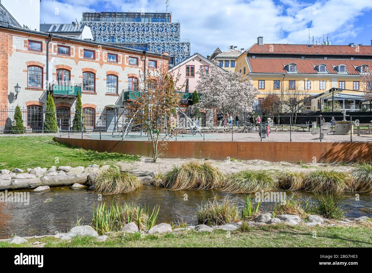 Waterfront park Strömparken along Motala river in Norrkoping during early spring in Sweden. Stock Photo