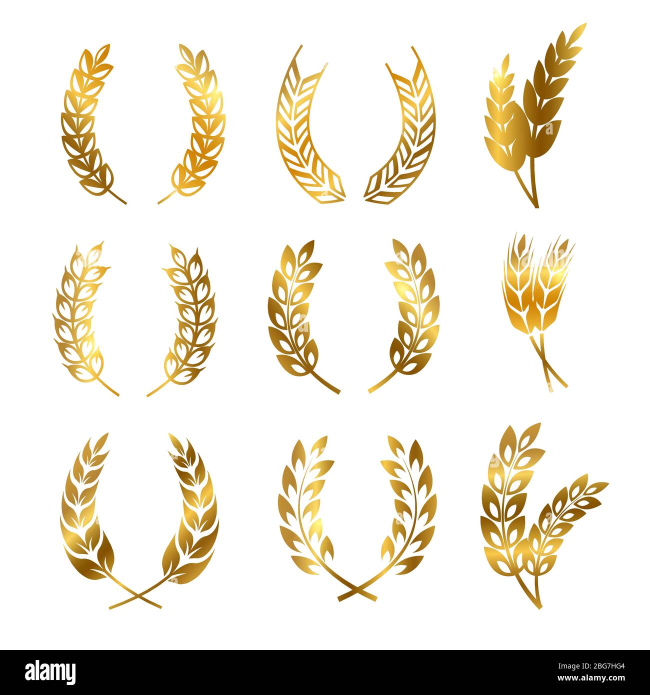 Golden rye wheat ears wreaths of set vector elements for bread and beer labels and logos isolated on white background illustration Stock Vector